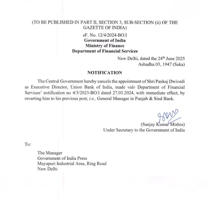 Govt cancels appointment of Pankaj Dwivedi as ED of Union Bank